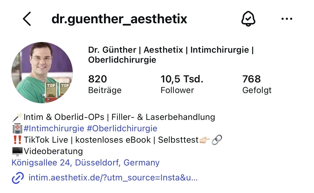 Instagram-Profil von Dr. Stephan Günther (@dr.guenther_aesthetix), Intimchirurgie Düsseldorf